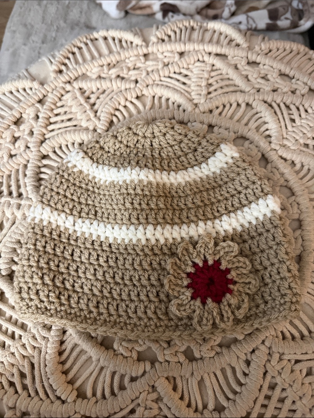 Handmade Tan Crochet Beanie with White Stripes and Red Flower